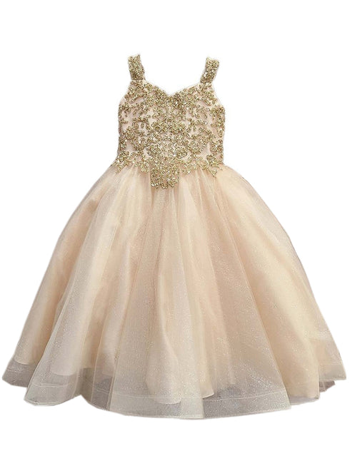 Petite Adele Little Girls Gold Embroidered Bodice Glitter Tulle Gown 2-6 - SophiasStyle.com